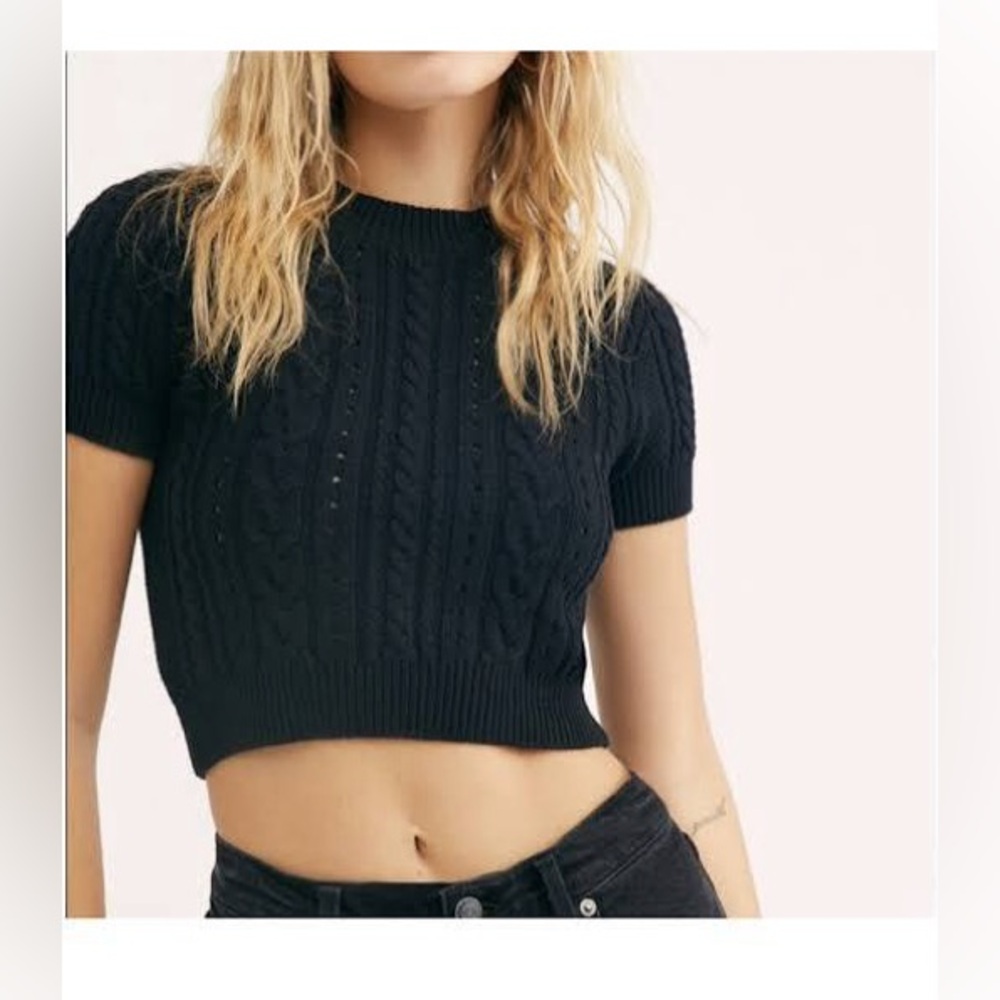 FREE PEOPLE Black Cable Knit Cropped Short Sleeve Sweater Stretch Size XS